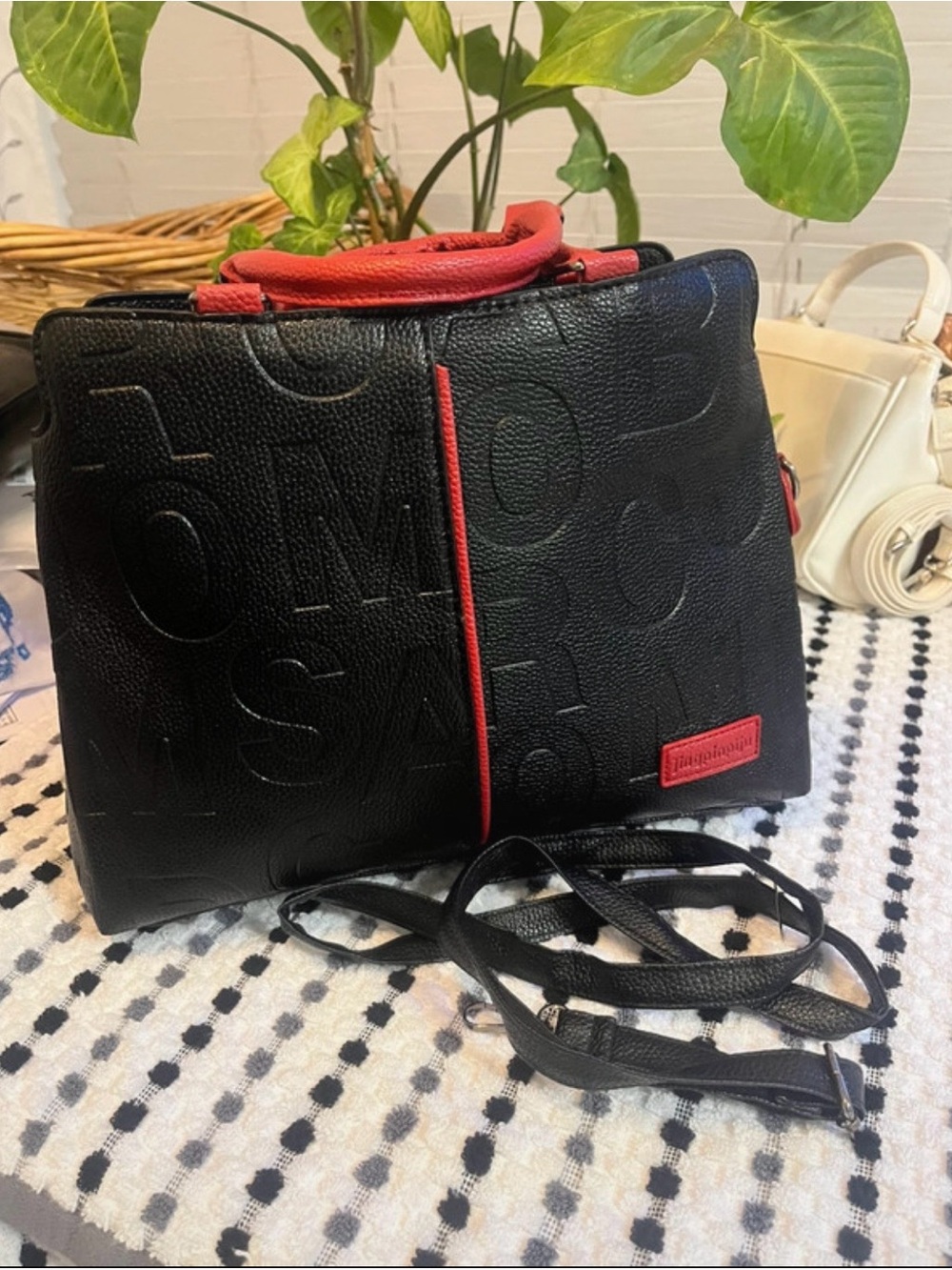 Black Crossbody Satchel with Red Accent Trim